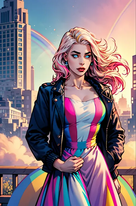 Transgender Female, Kitch, blue eyes, solo, voluptuous, long hair, jacket,outdoors, pride theme, rainbows, parade, pink dress, specular highlights, side lighting, detailed face, detailed eyes,