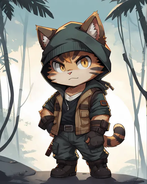 Cat dressed as rambo from movie, chibi, standing, background rainforest, stunning style