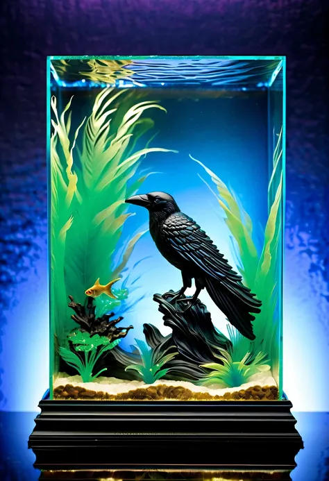 the sleek, obsidian-like glass crow perches on the edge of fish tank aquarium within a mesmerizing diorama.  form is meticulousl...