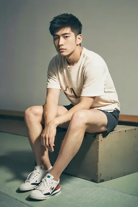 ((super sharp focus)), (((hairy legs))), hairy legs, toned legs, whole body, two block, Messy short hair, long legs, Japan male, 27 years old, wearing beige shorts, wearing a black T-shirt, very short hair, black hair