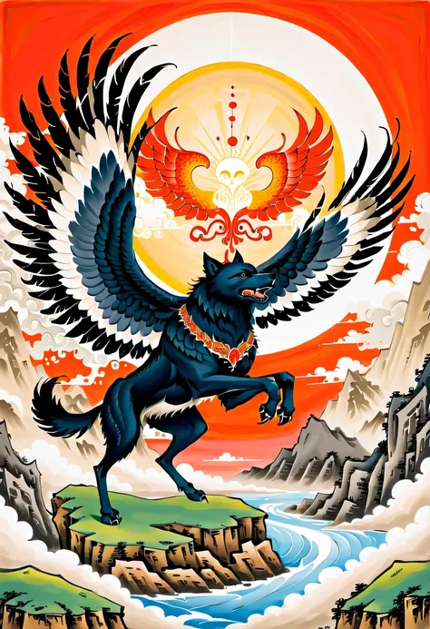 majestic and powerful creature wolf spreads its exquisite wings and soars through the air. extraordinary gouache illustration ca...