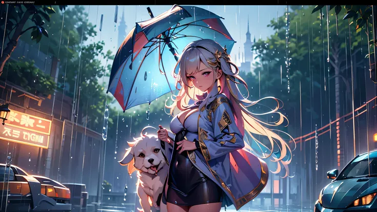 full body portrait of a photo realistic beautiful girl, 1 girl and 1 cute dog, facing forward, waifu, flowing hair, short modern rain protection clothing holding an umbrella, big beautiful flirtateous open eyes, standing straight, cinematic lighting, relax...