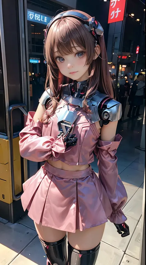 (Photorealsitic:1.4)、Onegirl、(top-quality),(hyperdetailed face)、(Super well-formed face)、((Robot Parts))、(Cyborg girl)、(Burgundy)、(Silver)、(metalic)、(fullllbody)、(Moe Pose)、(Slender body)、(tits out)、(Model body type)、(mecha exposure)、(akihabara)、(is lookin...