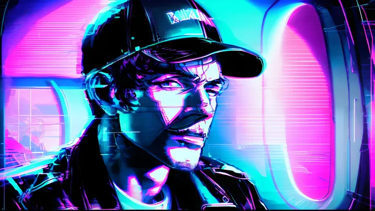 vaporwave, close-up short of a man in a dark blue baseball cap and black leather jacket sitting in an airplane by the window, ne...