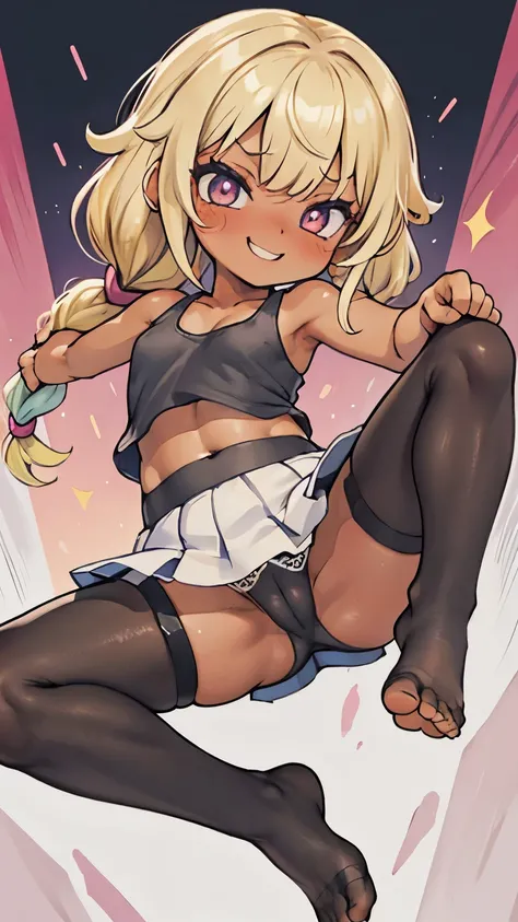 black skin,flashy,pantyhose,child,loli,bangs bangs,blonde,5 years old,best quality,from below,nsfw,foot up,full-face blush,4fingers and 1thumbs,tan,gal,evil smile,Tank top,mini skirt,twin braids,spread legs,Garter belt