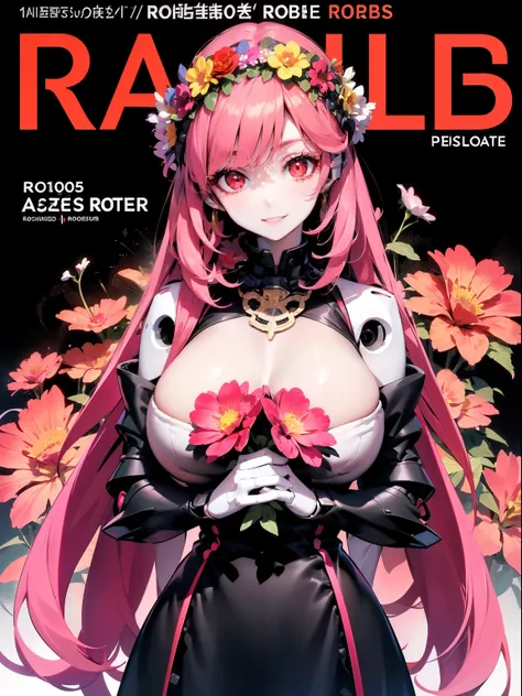 1girl,solo focus, robot girl, humanoid robot,robot joints,red eyes,pink hair,long hair, (colored skin),huge breasts,head wreath, jewelry, black dress, gold trim, sleeveles,upper body,looking at viewer,magazine cover,smile,(flower in hand),holding flower