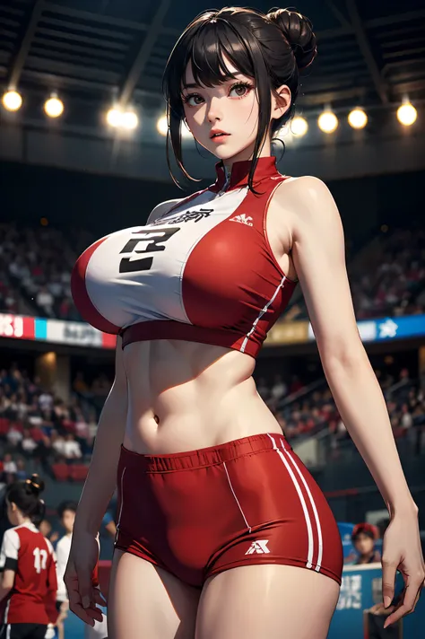 (masterpiece:1.4)、(highest quality:1.4)、ultra high resolution、beautiful features、20 year old woman、Black hair bun hair、brown eyes、athletics uniforms、(huge breasts:1.2)、red face、serious expression、arena、ground、Large audience、stand、arms behind body、looking a...