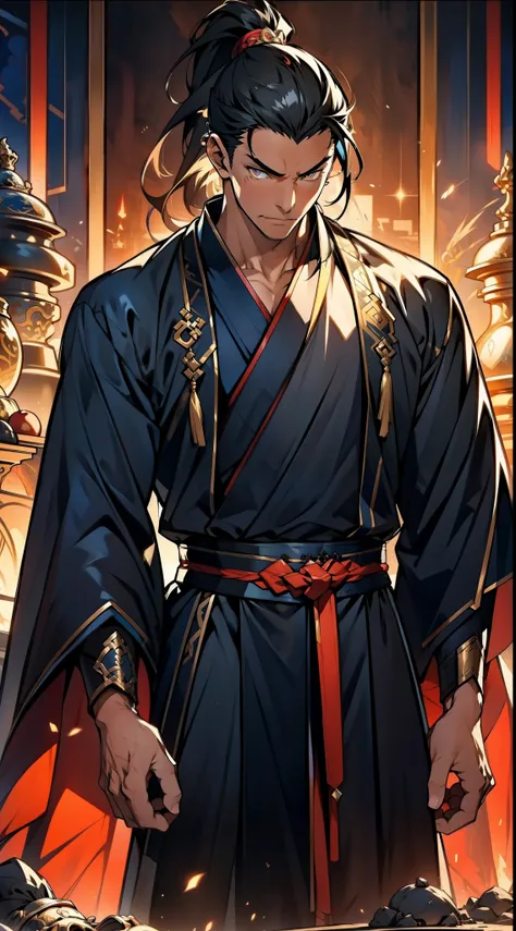 Two dimensions，anime style，one person（male），The proportions are correct，facial details，high ponytail hairstyle，neck detail，There is an Adams apple，Black costume Hanfu，serious，black toga，clothing details，Handing over，long sleeves，Game quality，Ray tracing，Ra...