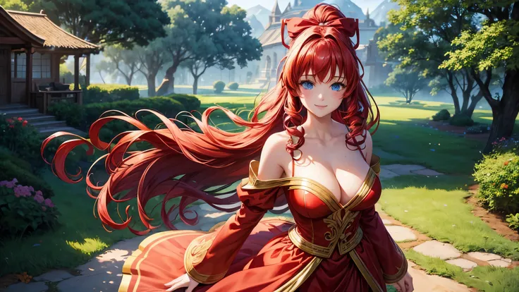 1girl, full body, solo, village, trees, flowers, fantasy world, mage, red hair, long hair, curly hair, ponytail, blue eyes, large breasts, red dress, clevage 1:2, smile, looking at the viewer, ((standng)), hair ribbon, golden necklate