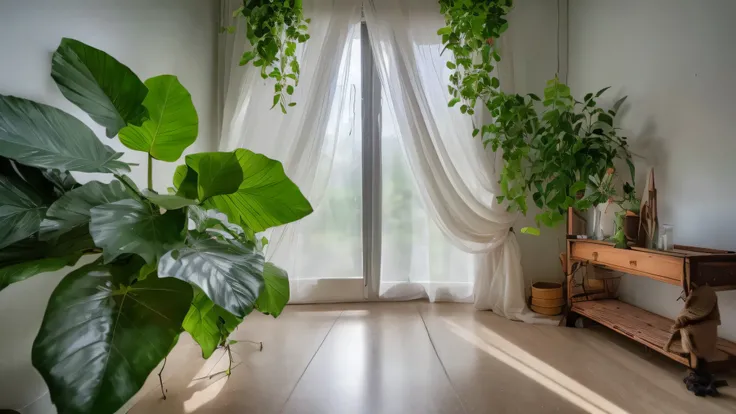 there is a plant that is growing in a room with a window, with backdrop of natural light, natural light in room, window sill with plants, natural window lighting, room full of plants, natural indoor lighting, ethereal curtain, large plants in the backgroun...