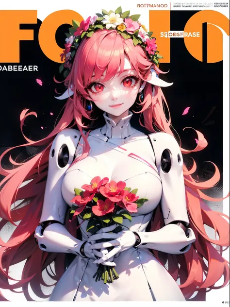 1girl,solo focus, robot girl, humanoid robot,robot joints,red eyes,pink hair,long hair, (colored skin),large breasts,head wreath, jewelry, white dress, gold trim, sleeveles,upper body,looking at viewer,magazine cover,smile,(flower in hand),holding flower