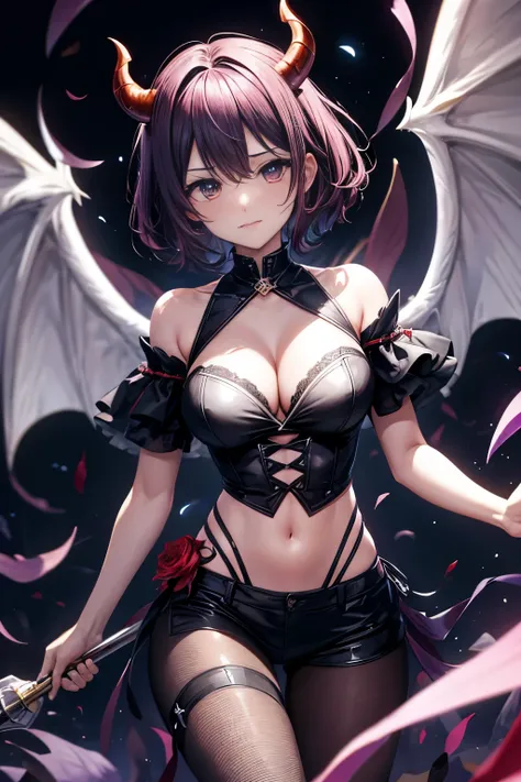 fall angel, A super-powerful demon with demon wings,devil&#39;s tail,Black Bigini, purple lightning engulfed in flames.、darkness, In the clouds of darkness、cleavage、short bob hair