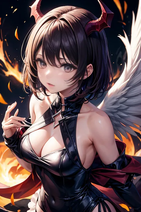 fall angel, A super-powerful demon with demon wings,devil&#39;s tail,Black Bigini, purple lightning engulfed in flames.、darkness, In the clouds of darkness、cleavage、short bob hair