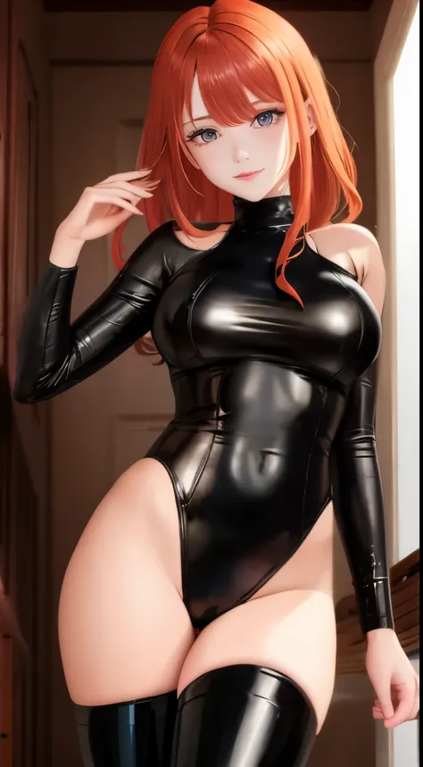 masterpiece, best quality, ultra-detailed, beautiful lighting, 1girl, milf, orange hair, green eyes, freckles, turtleneck, looking at viewer, black latex leggins