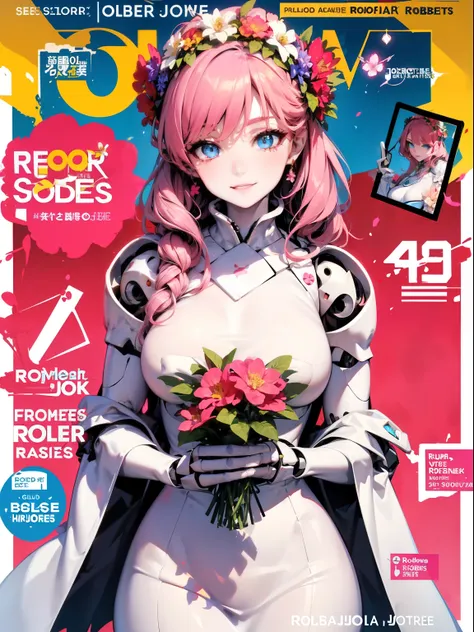 1girl,solo focus, robot girl, humanoid robot,robot joints,blue eyes,pink hair,long hair, (colored skin),large breasts,head wreath, jewelry, white dress, gold trim, sleeveles,upper body,looking at viewer,magazine cover,smile,(flower in hand),holding flower