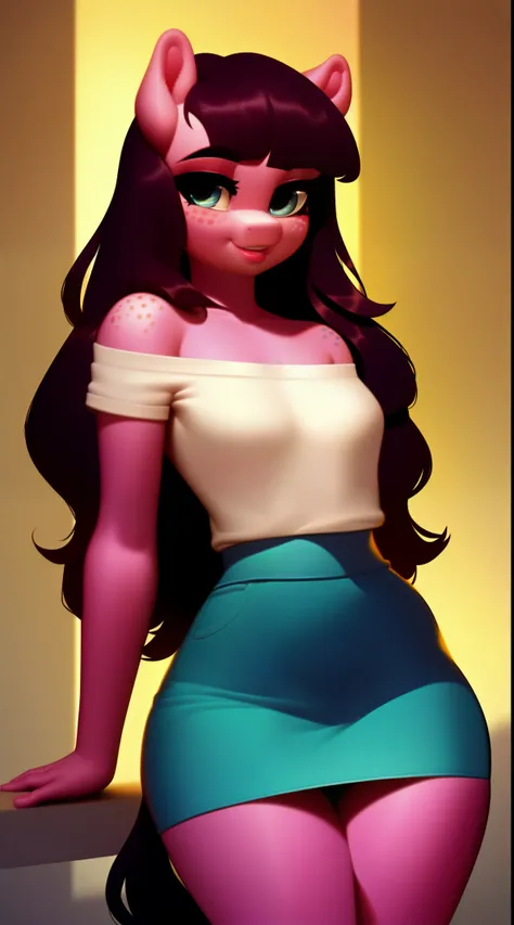 (score_9), (source_ derpibooru_p_95), (earth pony), ((anthro oc pony :1.1)), (shoulderless top, cute skirt), shy, blushing, solo, realistic long hair, bangs, anatomically correct, flat chest, curvy figure, high res, pink bottom lip, extremely detailed, twe...