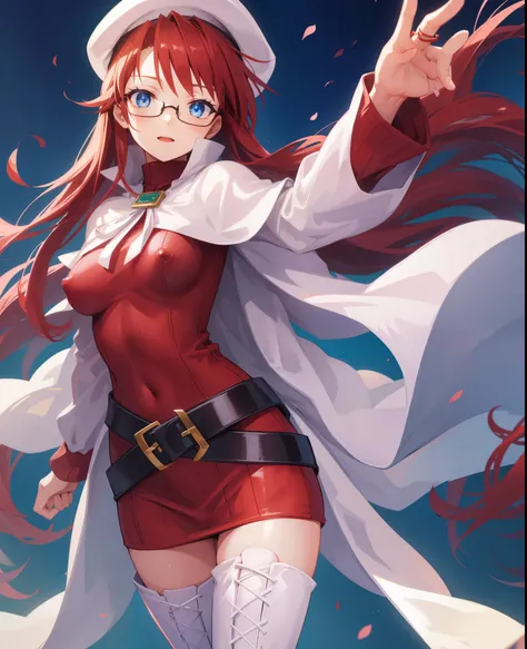 summonnightaty, aty, long hair, blue eyes, red hair, beret, hat, glasses,
BREAK long hair, thighhighs, hat, dress, boots, glasses, belt, cape, sweater, zettai ryouiki, beret, thigh boots, white footwear, ribbed sweater, loose belt,solo,
BREAK outdoors, fan...