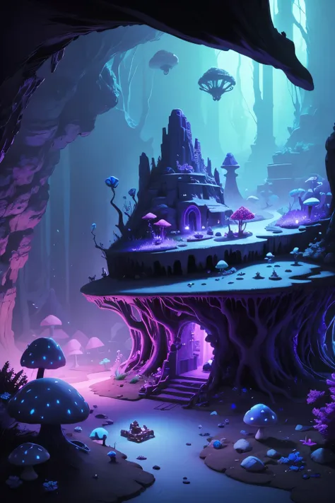 create a cave in a bluish to purple mushroom biome full of skeletons and some treasure chests.4k resolution