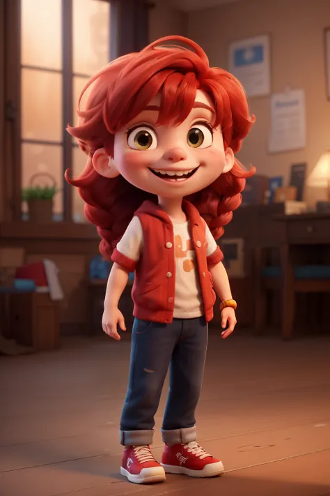 Full Body, Fracekles on the face, streaked hair, red hair, bangs, braid, smiley, cinematic lighting, depth of field, blurry foreground, UHD, ccurate, super detail, high details, best quality