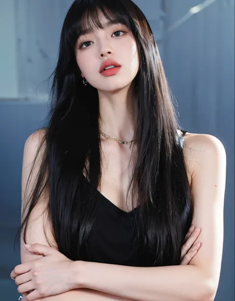 Realistic,(tmasterpiece, high qulity:1.2) ,realisticlying, RAW photogr, wide wide shot,  ( hand sign), verbal invitation, with her mouth open, (Just enough to make ends meet), Adjust hair, hair tying up, Lisa Blackpink Jennie Blackpink