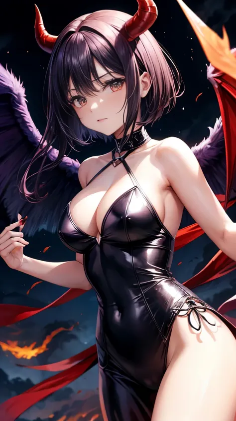 fall angel, A super-powerful demon with demon wings,devil&#39;s tail,Black Bigini, purple lightning engulfed in flames.、darkness, In the clouds of darkness、cleavage、short bob hair