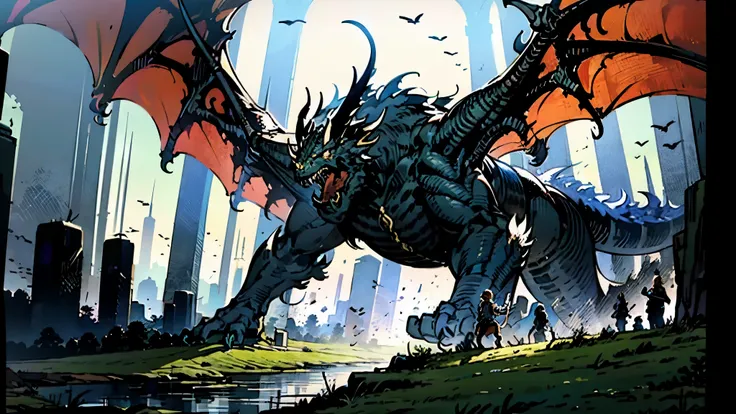 epic confrontation between an adventurer adorned in blue and silver lightweight armor wielding a magnificent radiant sword emitting indigo hues, and a colossal evil black dragon, The adventurer stands firm, facing the immense threat as the sky is shrouded ...