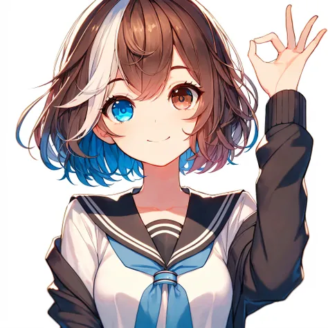 flat, high quality illustration of a short anime style girl, two-tone brown and blue hair, wavy texture and no bangs, reveal her...