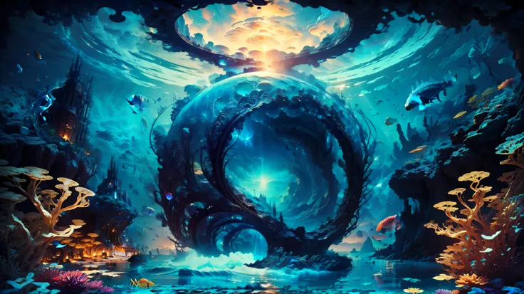 masterpiece, top quality, Best quality, Official art, beautiful and aesthetically pleasing:1.2, extremely detailed, (fractal art:1.3) Dive into the Mermaid Lagoon Sanctuary, residence with an underwater dome and large glass windows, overlooking a vibrant c...