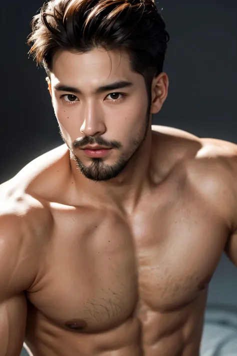 Hot Korean man, 20 years old, handsome face with well-groomed facial hair, naked form revealed in a captivating portrait, model exuding confidence and masculinity, (8K, High Definition, Masterpiece: 1.2), Realistic, Photorealistic: 1.37, Detailed facial fe...