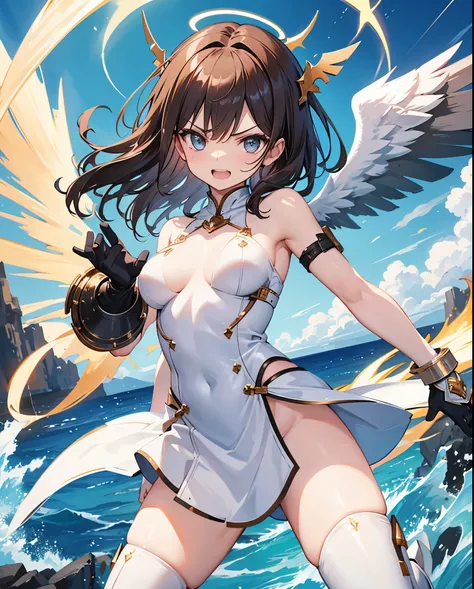 fantasy, 1angel_girl,child, loli,brown_hair, medium_bob_hair, long_bangs, halo,bare_shoulder,thighhighs,silver_armor, waist_armor, large_breasts,angry,grinning,open_mouth_teeth, 1pair_wings, dynamic_pose_fighting,floating, bare_crotch, headgear,gauntlet, g...