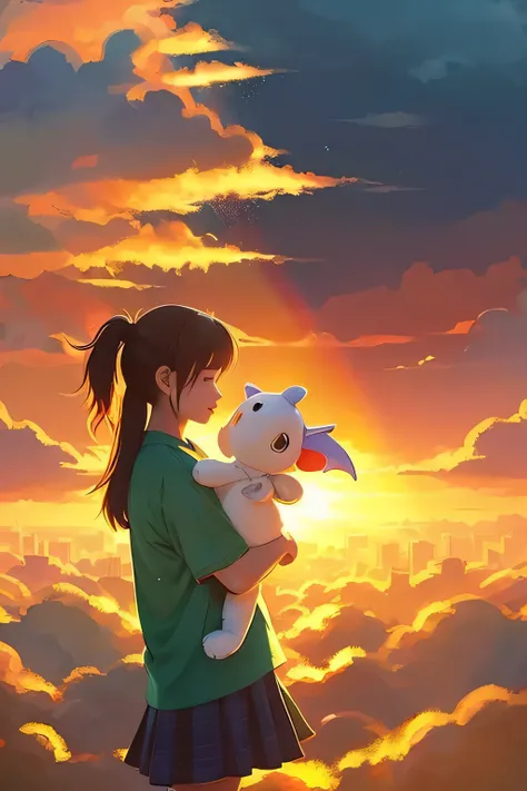 "Based on the image provided、Generates an illustration of a girl holding a stuffed dragon toy。. In the illustration, Describe rain falling while sunlight shines through, rainbow in the sky. Aiming for an anime style depiction, Expressing girls with delicac...