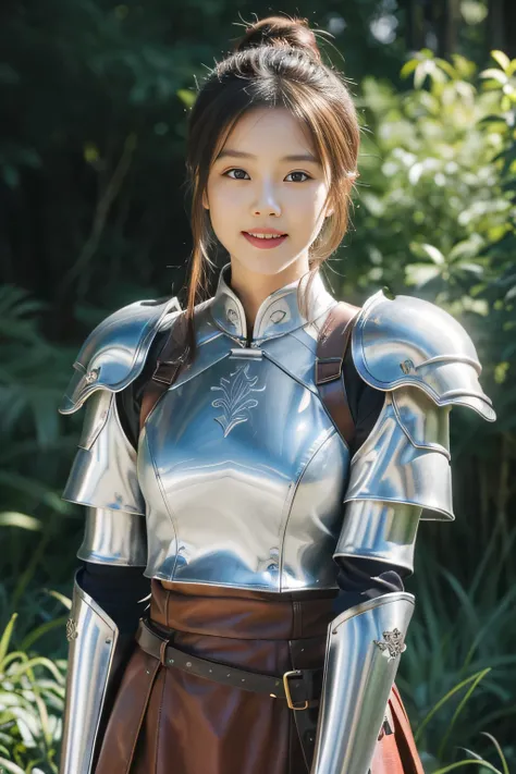 Chinese female general Hua Mulan，reddish brown leather armor，Silver scale metal shoulder pads，Silver metal breastplate，battlefield background，majestic，Smile（open mouth）（The corners of the mouth are raised），Leather tunic，Knee pads，silver helmets，There is no...