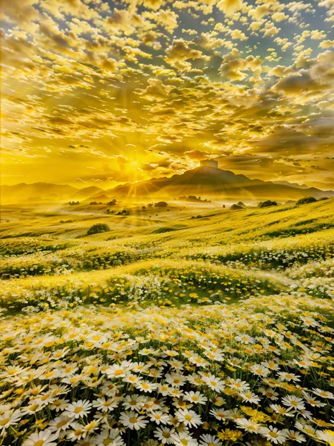 there is a field of daisies in the foreground with a mountain in the distance, yellow mist, the brilliant dawn on the meadow, golden morning light, surreal waiizi flowers, field of flowers at night, yellow volumetric fog, golden mist, field of flowers, flo...