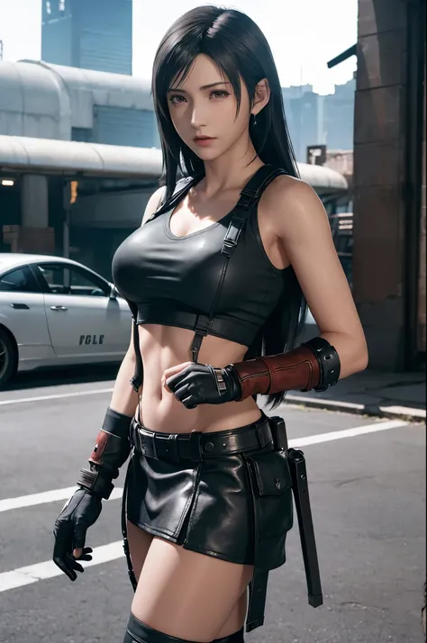 (Top Quality, Masterpiece: 1.1), (realisitic:1.3), BREAK (((FF7,Tifa_lockhart))),Ultra-detailed face, Detailed RED eyes,black Brown Hair, (Large breasts: 1.2),(A dark, old ruins:1.3,wet,dark), BREAK (((FF7,Tifa_lockhart))),(black crop top vest, brown belt,...