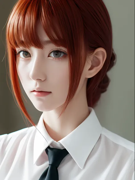 (Best quality, table:1.2), 1 girl, One, Red hair,Eyes with beautiful details,(White shirt),Upper body,black tie,Bang,ear