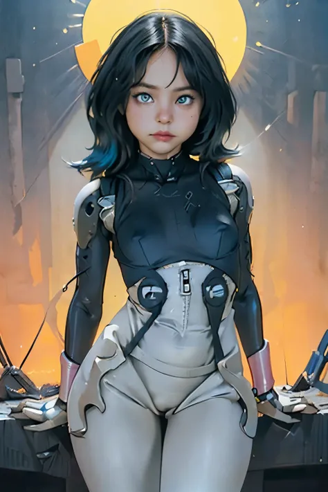 (Mejor calidad, obra maestra), 1 chica, pelo corto bob, pelo color azul, gargantilla, bodysuit cyberpunk, bodysuit leotardo, bodysuit blanco, chica cyborg, mirando al espectador, brazos mecanicos, fondo degradado, sin fondo, cowboy shot.