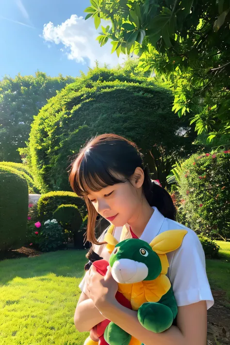 "As shown in the image provided、Generates a photo depicting a girl holding a stuffed dragon. Do not change the girl or dragon stuffed animal from the original photo。. Create a realistic photo with a summer landscape background after the rain, late afternoo...