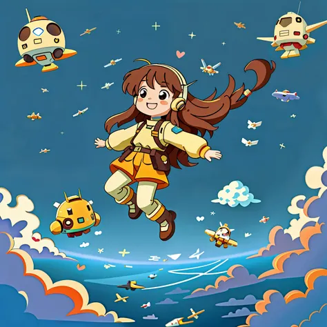 Girl with long brown hair，Put on the Gundam Robot Suit，在天空flight（flight)（in the sea of clouds），（There is love）happy，Surrounded by love，Surrounded by love，O sign，vector，line art，design，inspiration，straight line，RHAD