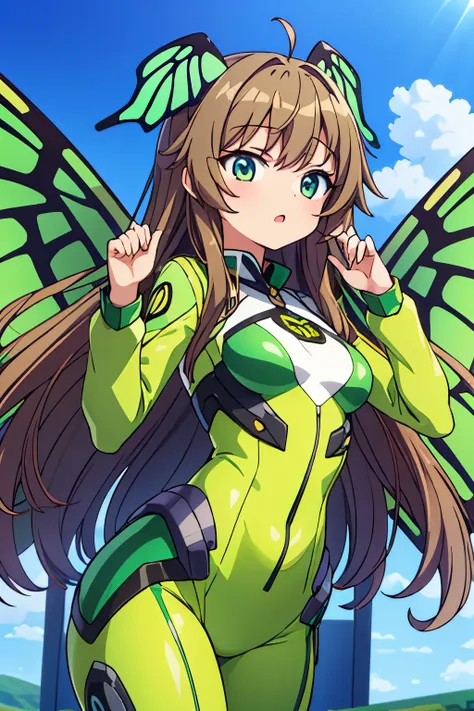 a Young Girl with long brown hair resembling the wings of a butterfly. Wears aerodynamic green-yellow suit. Um inseto mecanizado em seu ombro