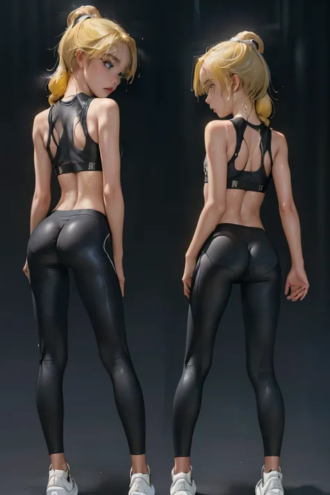 1 girl from behind, tight sports leggings, rear view, girl turning her back, translucent leggings, transparent wet clothing, wet girl, sports bra, sports shoes, buttocks, ass cameltoe, yellow hair, light skin, mature woman, ambiguous, background simple yel...