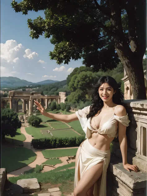 Ancient Roman ruins,Poussin-style landscape,A smile,,Sweet and seductive appearance.、Caravaggios paintings、Chiaroscuro of Caravaggio、Hair disheveled in the wind,Two women frolicking,Cute smile, Expression of ecstasy,A sexy,Erotic