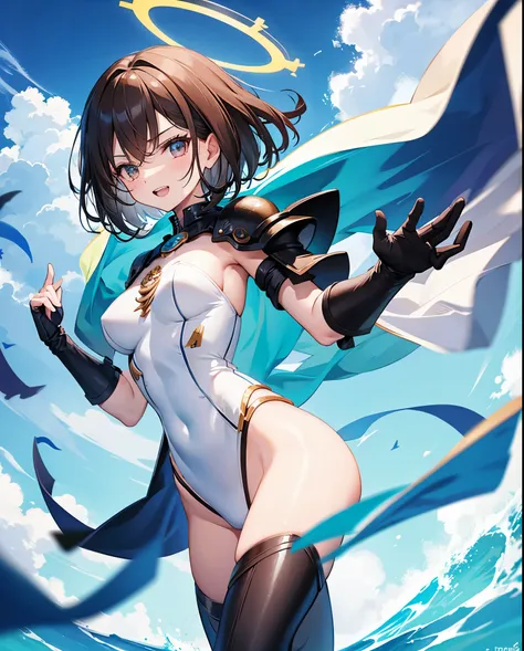 fantasy, 1angel_girl,child, loli,brown_hair, medium_bob_hair, long_bangs, halo,bare_shoulder,thighhighs,silver_armor, waist_armor, large_breasts,angry,grinning,open_mouth_teeth, 1pair_wings, dynamic_pose_fighting,floating, bare_crotch, headgear,gauntlet, g...