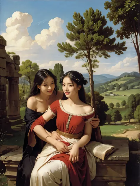 Ancient Roman ruins,Poussin-style landscape,A smile,,Sweet and seductive appearance.、Caravaggios paintings、Chiaroscuro of Caravaggio、Hair disheveled in the wind,Two women frolicking,Cute smile, Expression of ecstasy,A sexy,Erotic