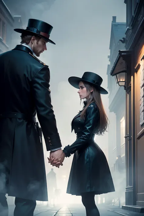 There is fog on the street at night in London, England in the 19th century, and a man and a woman are walking holding hands. The womans expression looks anxious. The two people are wearing black clothes and the man is wearing a hat. The man doesnt look in ...