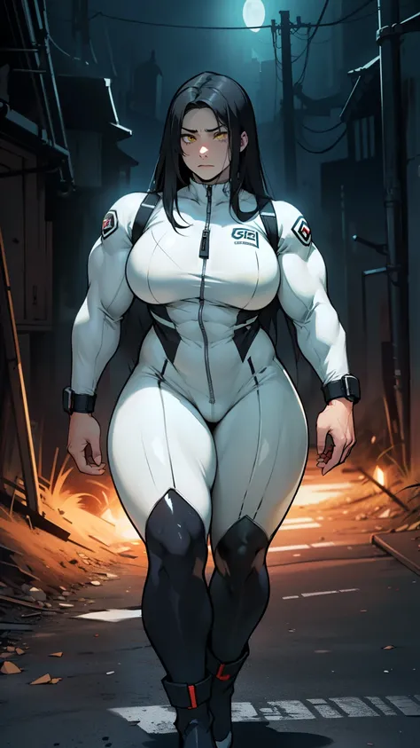 (1girl), black hair, (extremely long hair), yellow eyes ((((((muscular)))))), (((huge breasts))), ((((thick thighs)))), solo, sad, (pale skin thick), cowboy shot, (((full bodysuit))) dark atmosphere