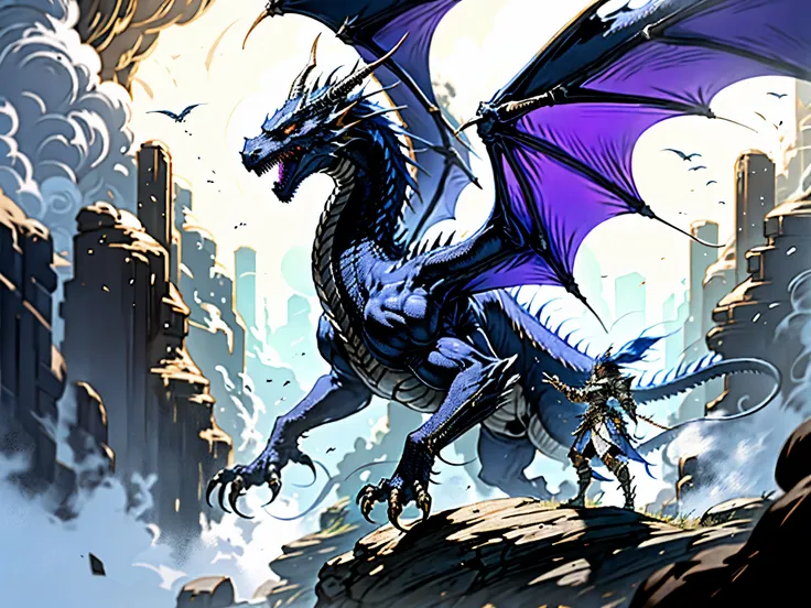 epic confrontation between an adventurer adorned in blue and silver lightweight armor wielding a magnificent radiant sword emitting indigo hues, and a colossal evil black dragon, The adventurer stands firm, facing the immense threat as the sky is shrouded ...