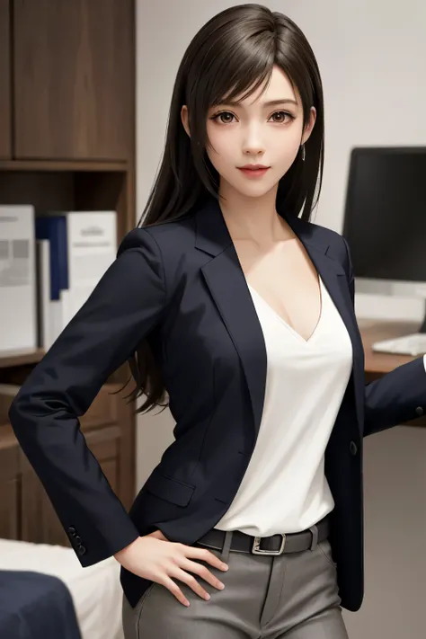 (top quality, masutepiece: 1.1), (Realistic: 1.3), BREAK (((FF7,Tifa_lockhart))),(solo,Tifa:1.2),(japanese ,gray tailored jacket,gray tailored pant,office suit:1.3) ,(office, indoor,coffee),(strong will,sexy pose:1.1),Ultra-detailed face, Detailed eyes,Red...