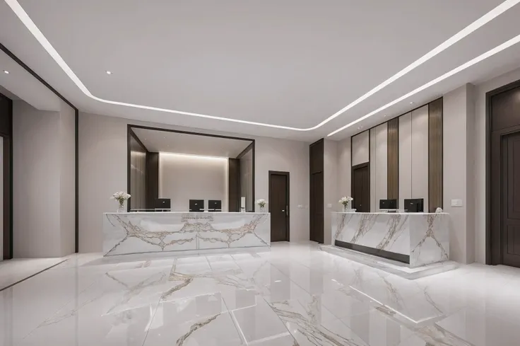 best quality, masterpiece, interior design, morden minimalism, marble table, ((( bank reception interior)), indoor