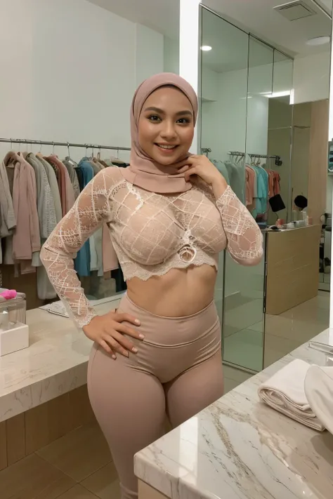 RAW, Best quality, high resolution, masterpiece: 1.3), beautiful Malay woman in hijab, Masterpiece, big gorgeous eyes, smiling, wear lace bra and legging, in changing room, Excellent lighting, Bright colors, Clean lines