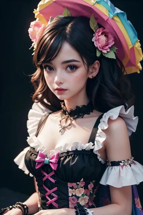 (best quality, 4k, 8k, highres, masterpiece:1.2), gothic girl, frilled dress, high-resolution, (floral Stylers:1.2), (rainbow sweets:1.2), ultra-detailed, realistic, portraits, vibrant colors, enchanting lighting